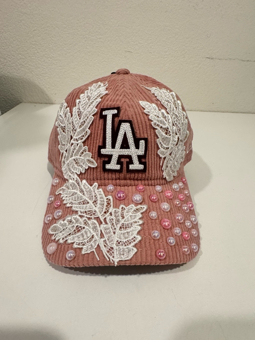 LA dodgers Embroidered Pink Corduroy Baseball Cap with Pearls & Lace